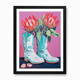 A Painting Of Cowboy Boots With Protea Flowers, Fauvist Style, Still Life 1 Art Print