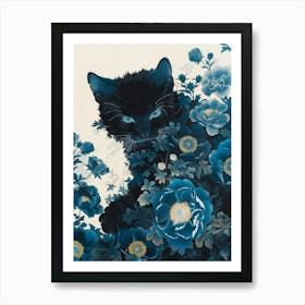 Black Cat In Blue Flowers 3 Art Print