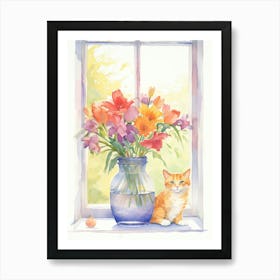 Cat With Sweet Pea Flowers Watercolor Mothers Day Valentines 1 Art Print