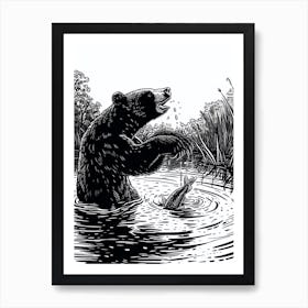 Malayan Sun Bear Catching Fish Ink Illustration 4 Art Print