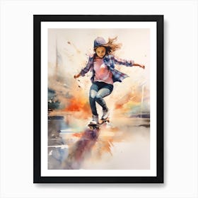 Girl Skateboarding In San Diego, United States Watercolour 2 Art Print