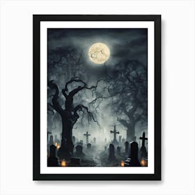 Scary Trees & Haunted Night Scene, Halloween Decor Art Print