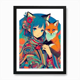 Pretty Anime Girl with Fox 5 Art Print