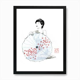 Geisha Nude Behind Umbrella 02 Art Print