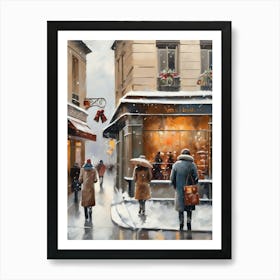 Paris cafes, winter season, Christmas, autumn oil colors, pale colors, pedestrians in the street, winter clothes, falling snow.Christmas decorations.3 2 Art Print