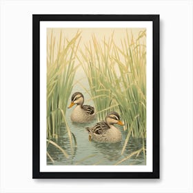 Two Ducklings Japanese Woodblock Style  2 Art Print