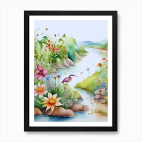 Watercolor Of Flowers And Birds Art Print