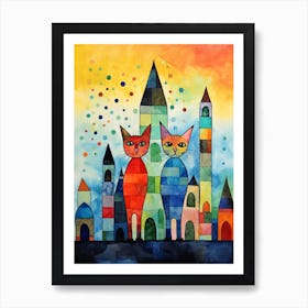 Two Patchwork Cats In Front Of A Medieval Town Art Print