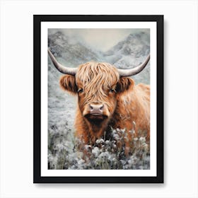 Snowy Highland Cow Textured Illustration 2 Art Print