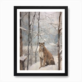 Vintage Winter Animal Painting Mountain Lion 1 Art Print
