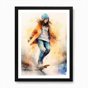 Girl Skateboarding In Berlin, Germany Watercolour 1 Art Print