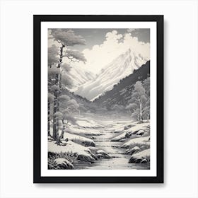 Kamikochi In Nagano In Nagano, Ukiyo E Black And White Line Art Drawing 3 Art Print