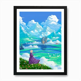 Moving Castle and Mountains Art Print