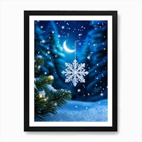 Closeup Of A Single Luminescent Snowflake Catch The Glimmer Of A Quarter Moon Resting On A Coniferou (6) Art Print