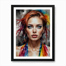 Red-Haired Woman with Blue Eyes and Rainbow Colors Art Print