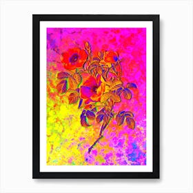 Rose of Love Bloom Botanical in Acid Neon Pink Green and Blue Art Print