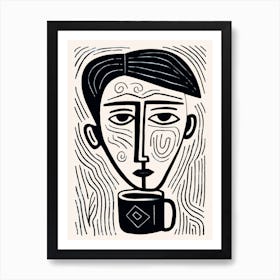 Coffee Cup & Face Linocut Inspired Art Print