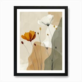 Flowers In Beige, Brown And White Tones, Using Simple Shapes In A Minimalist And Elegant 7 Art Print