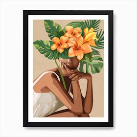 Woman with tropical flowers and leaves on the head 1 Art Print