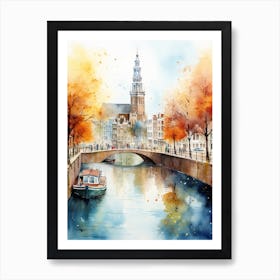 Amsterdam, Netherlands In Autumn Fall, Watercolour 3 Art Print