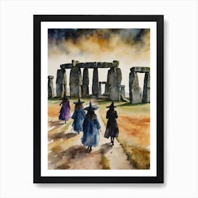 Lets Go ~ Witches Walk to Stonehenge on the Winter Solstice to Watch the Sunrise Over Standing Stones, witchy, witchy coven watercolour, witchcraft painting, witch friends, somerset, witchcore, cottagecore, wise witches, crones, pagan, wheel of the year, Yule, Yule festival, Pagan Yule Artwork, Wiccan Wicca Art Print