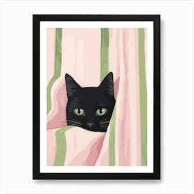 Black Cat In Bed Pink Green Stripes Art Print