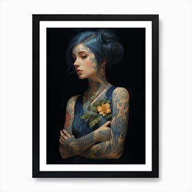 Woman With Golden Tattoos and Flowers #2 Art Print