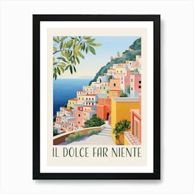 Il Dolce Far Niente. Italian Quote with Gouache Landscape. Vintage Travel Art Print