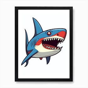 A Blue Shark In A Vintage Cartoon Style 1 Art Print