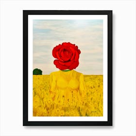 Surreal woman with Red Rose head in field of flowers Art Print