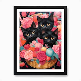 Black Kittens In A Basket Kitsch 1 Art Print