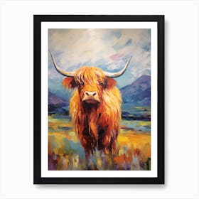 Colourful Brushstroke Of A Highland Cow By The Mountains Art Print