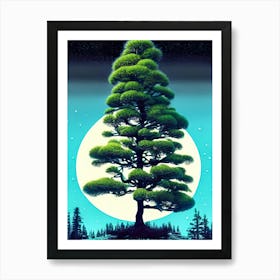 Pine Moon Tree Landscape Nature Scene Stars Setting Night Midnight Full Moon Art Print