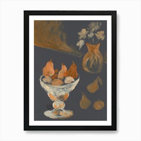 Fruits In A Vase - gray beige orange vertical still life kitchen food floral flower hand painted Art Print