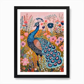 Floral Folky Peacock In The Meadow 2 Art Print