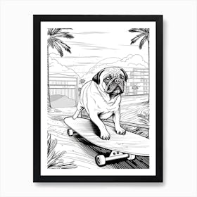 Pug Dog Skateboarding Line Art 2 Art Print