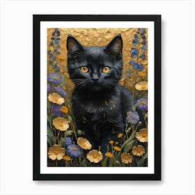 Klimt Style Black Kitten Cat in English Garden Wild Flowers Gold Leaf Painting - Gustav Klimt Monet Waterlillies HD High Resolution Poppies 2 Art Print