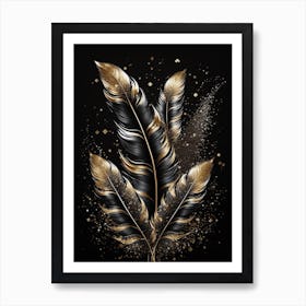 Gold Feathers On Black Background Art Print