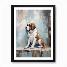 Saint Bernard Dog, Painting In Light Teal And Brown 2 Art Print