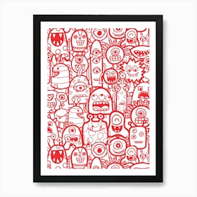 Cute Clusters of Monsters and Aliens Red and White Kids Art Print