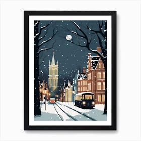 Winter Travel Night Illustration Cardiff United Kingdom 1 Art Print