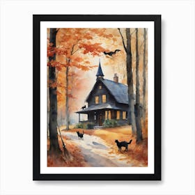 She Will Be Home Soon ~ Vintage Witch Art New England Pilgrim Witches House Salem Witches Artwork Watercolor Autumn Pagan Halloween Cottage Witchy Black Cats Spooky Goth Witchcore Cottagecore Painting Art Print