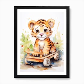 Baby Tiger On A Toy Car, Watercolour Nursery 1 Art Print