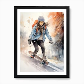 Girl Skateboarding In Helsinki, Finland Watercolour 2 Art Print
