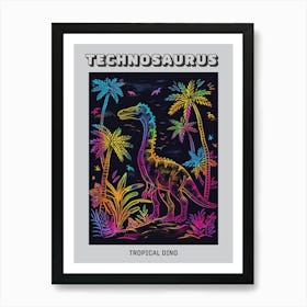 Neon Dinosaur With Palm Trees Line Illustration Poster Art Print