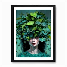 Woman With Plants On Her Head plant lover Art Print