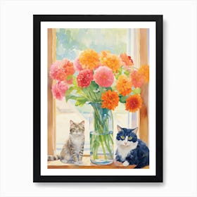 Cat With Zinnia Flowers Watercolor Mothers Day Valentines 2 Art Print