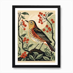 Vintage Bird Linocut Hermit Thrush 2 Art Print