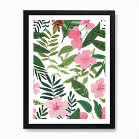 Seamless Pattern With Pink Flowers And Leaves Art Print