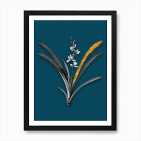 Vintage Boat Orchid Black and White Gold Leaf Floral Art on Teal Blue n.0170 Art Print
